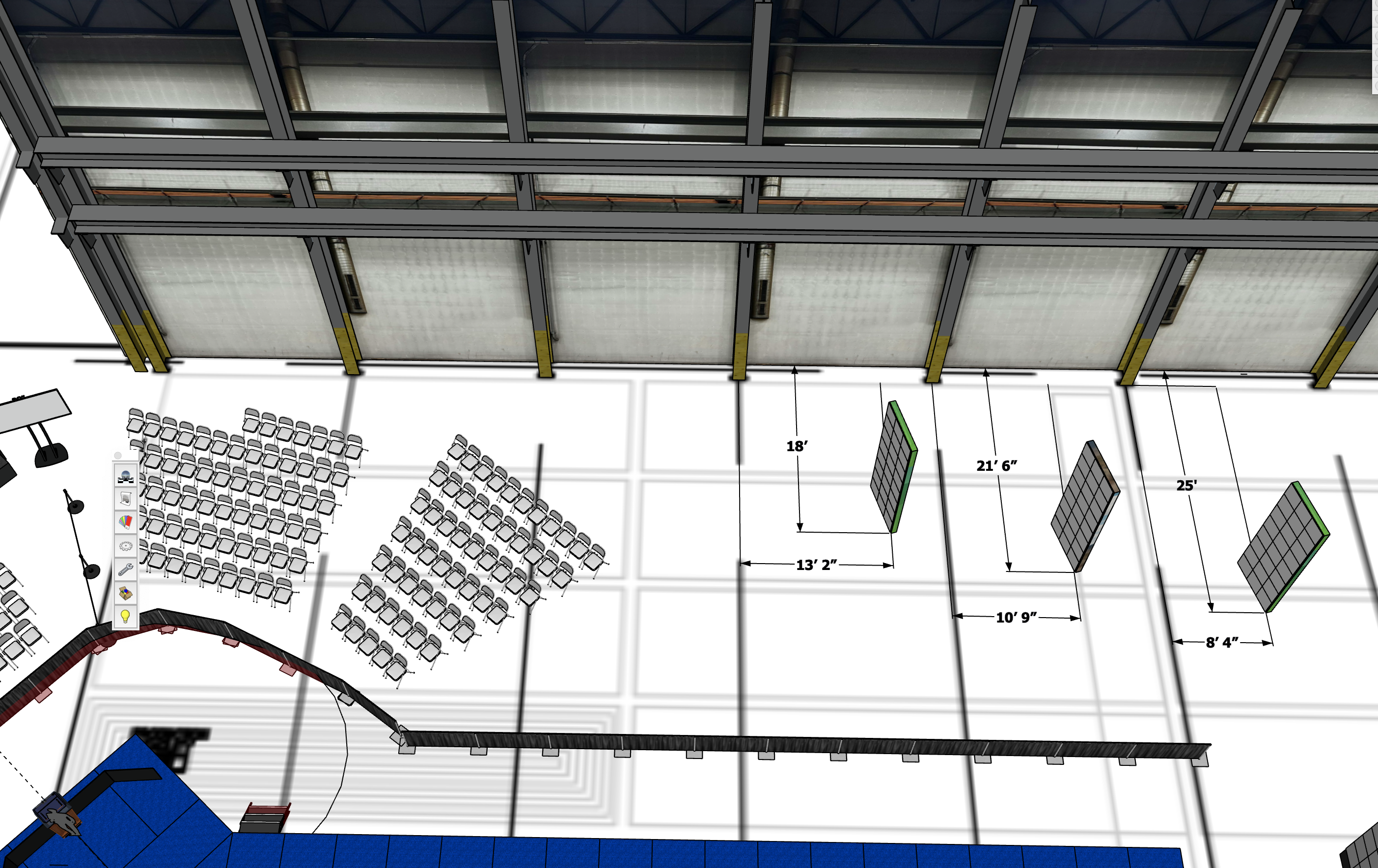 Overhead diagram with dimensional markings denoting the placement of LED screens